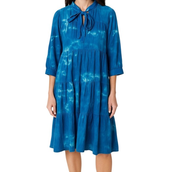 HONORINE Women's Dress Small Blue Tie Dye Tiered 3/4 Sleeve Casual Cotton - Picture 1 of 9